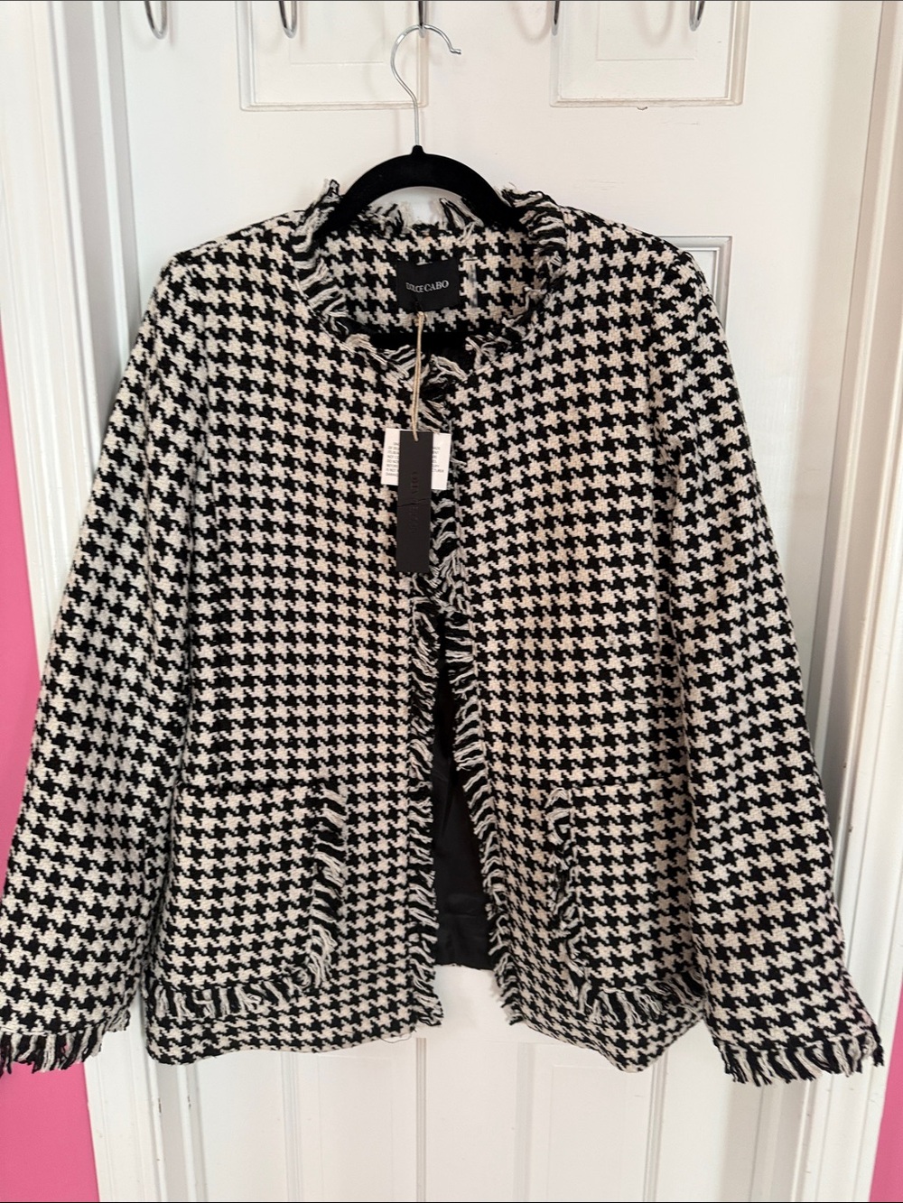 NIC+ZOE Black and White Houndstooth Fringe Jacket